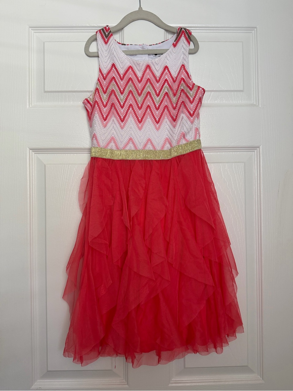 emily west Pink Chevron Bodice Party Dress with Gold Waist - Size 12